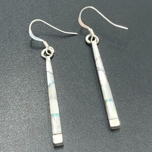 BM Vintage Zuni Native American inlay cylinder MOP Fire Opal Dangle Earrings